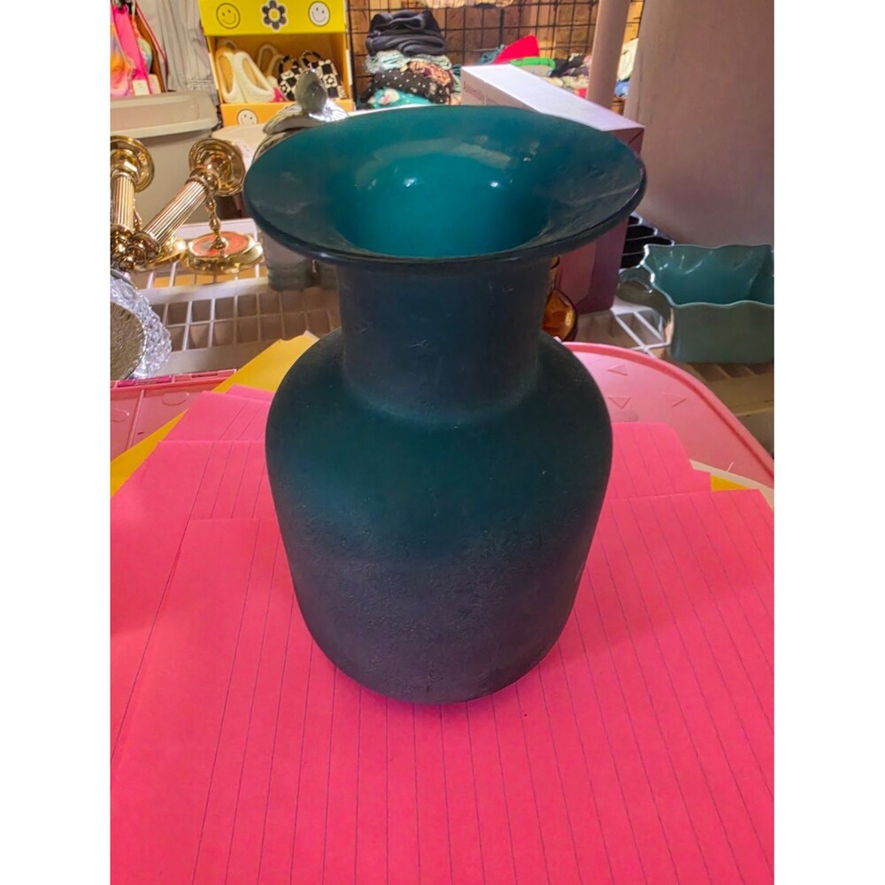 AT-1 Vintage Alexander Julian Handblown Frosted Textured Teal Vase